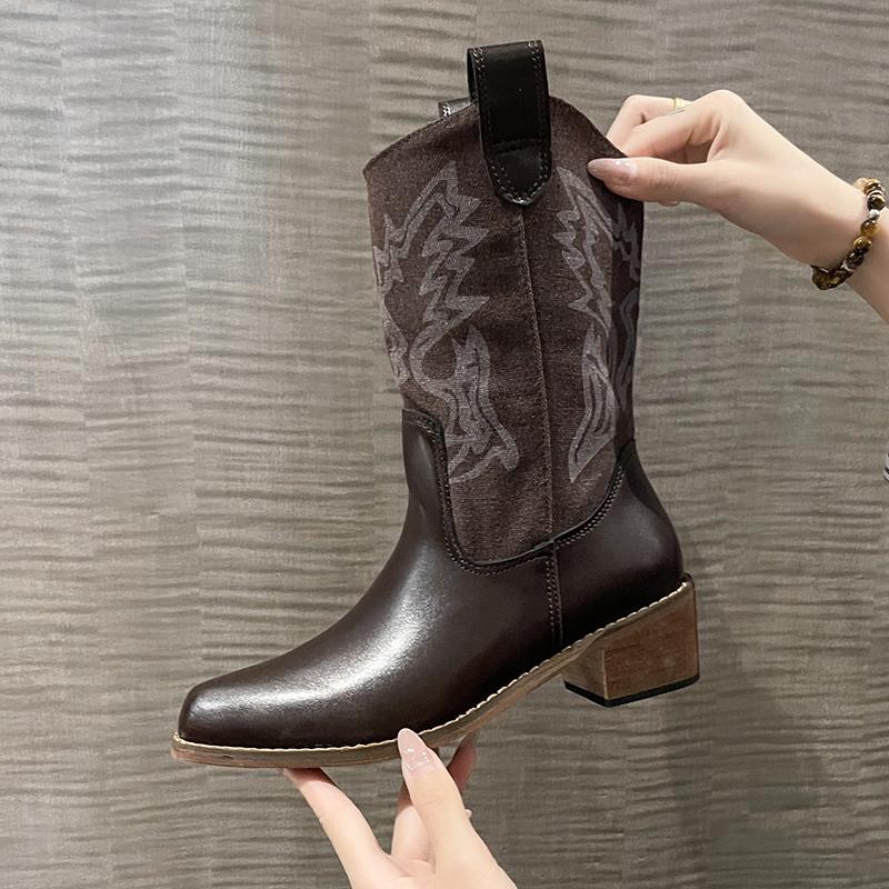 New Style Women's High Quality Block Heels Mid-calf White Cowboy Boots Women Vintage Country Concert Western Boots Shoes
