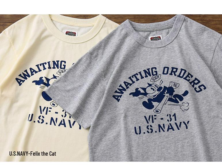 Amekaji Felix the Cat Retro Militär T-Shirt - Unisex Reine Baumwolle Kurzarm