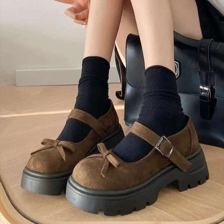 Autumn brown retro thick-soled heightening bow Mary Jane small leather shoes with skirt light-mouth single shoes