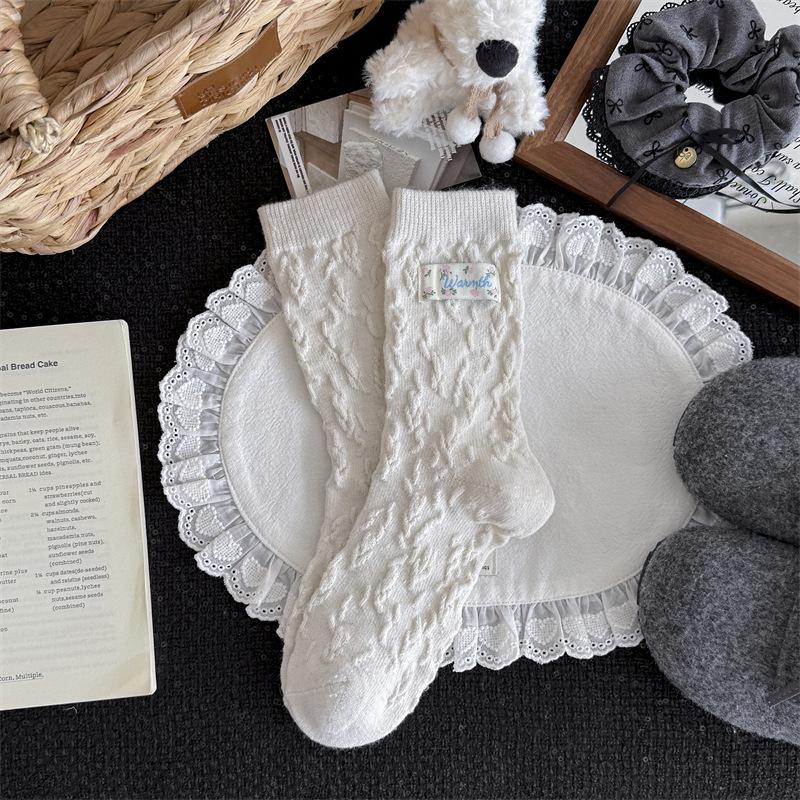 Floral Wool Socks - Children's Autumn and Winter Woolen Textured Mid-length Socks with Added Thickness for Warmth. Trendy Pile Socks for Winter.