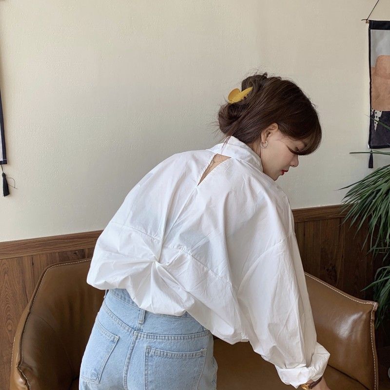 

South Korea Chic Idle Style Shirt Tops Stylish Niche Style V-Shaped Open Back Ruched Slimming Long-Sleeved Shirt Female Autumn White S