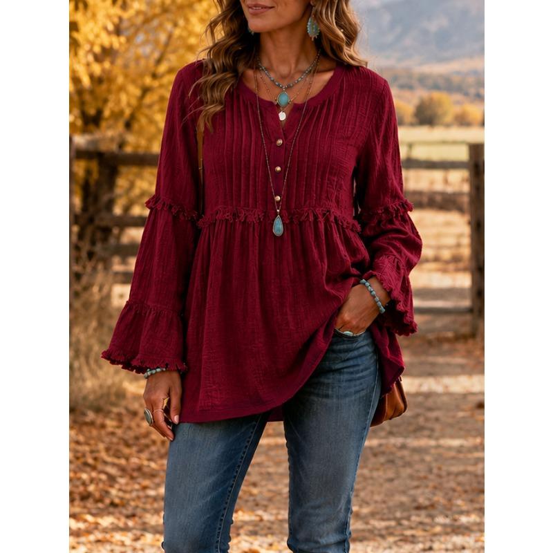 Women S Casual Loose V Neck Long Sleeve Blouse With Lace Trim