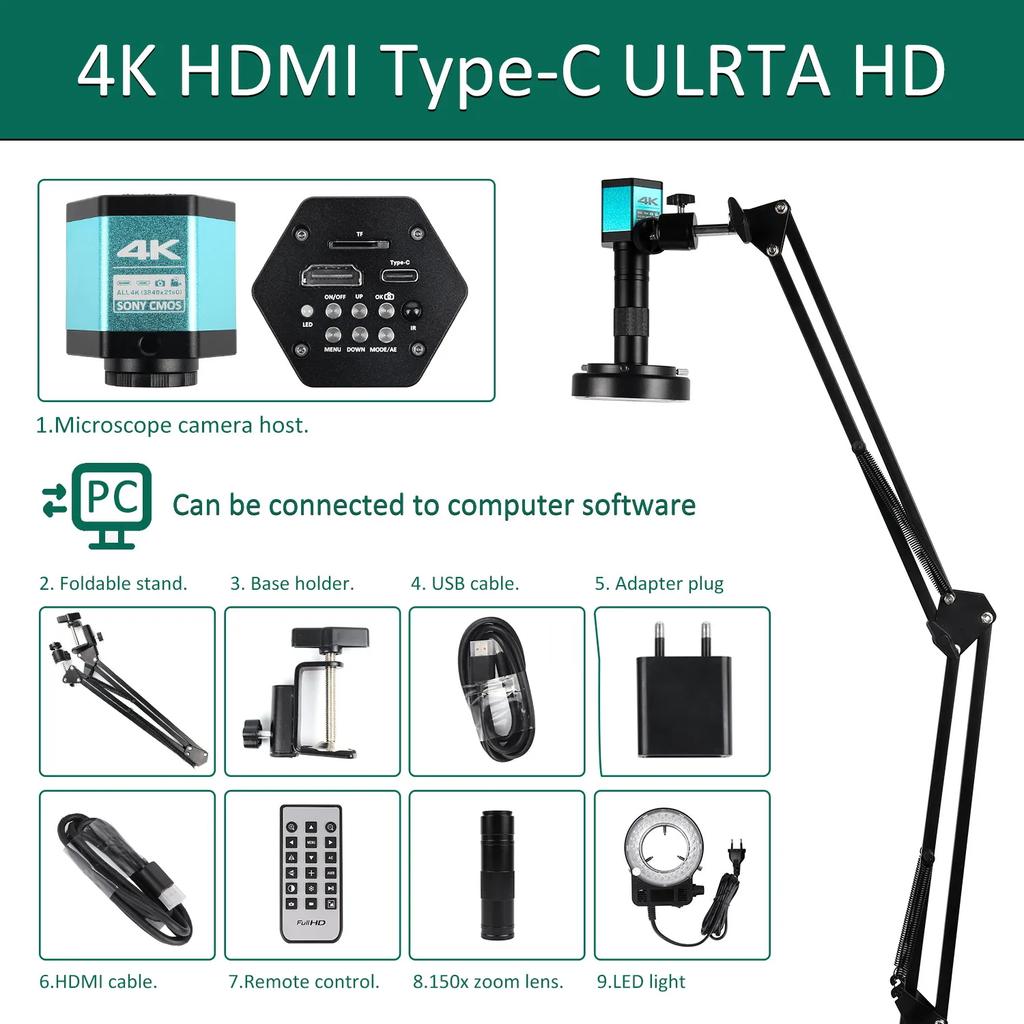 4K Mikroskop 48MP Digitales Mikroskop für Elektronik USB Industriekameras HDMI 1-150X Zoom C-Mount Objektiv Telefon PCB Löten