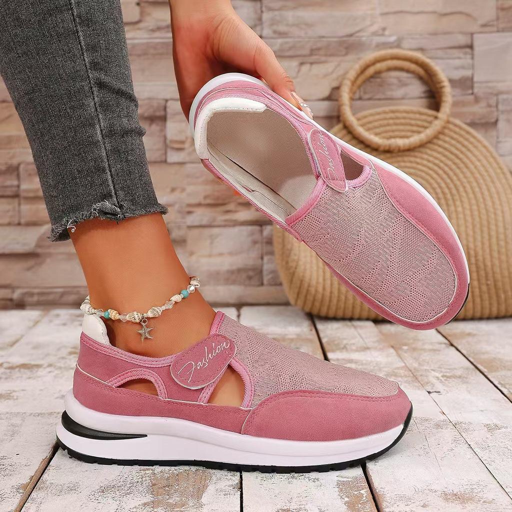 2025 foreign trade spring and autumn large size casual single shoes platform flying woven breathable Velcro casual mesh women's shoes