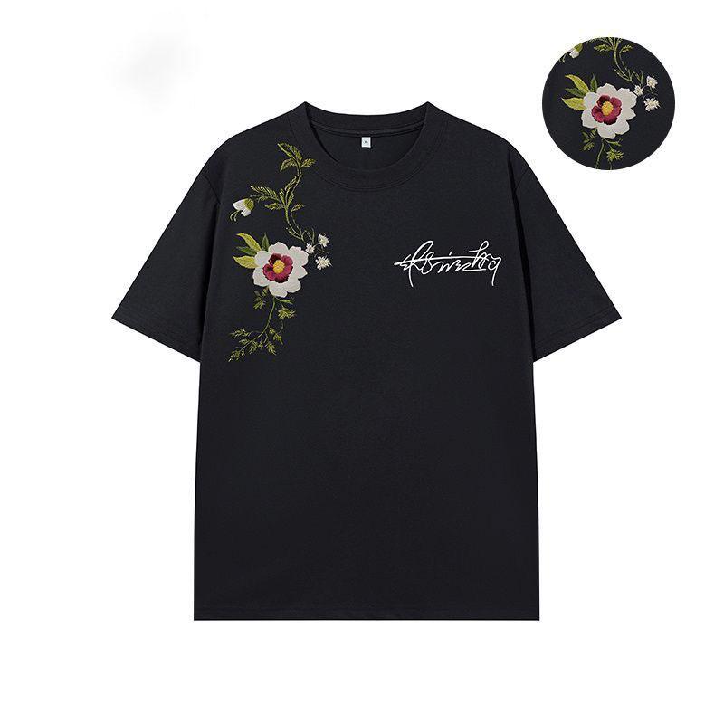 Amerikanische High Street Blumenstickerei Kurzarm Herren Trendmarke Schweres T-Shirt Paar Schwarz High-End Halbarm Oberteil Unisex