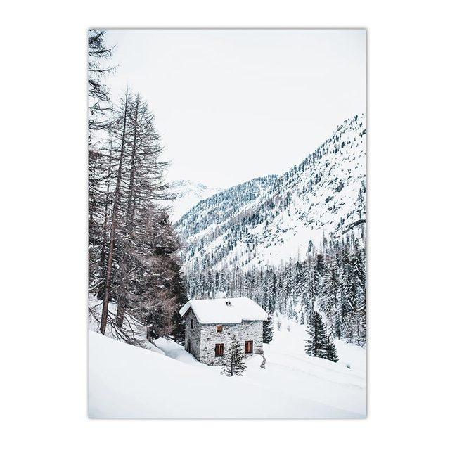 Winter Lake Mountain Canvas Painting Snow Tree Deer Wall Art Picture Print Natural Landscape Nordic Poster Room Home Decor Gifts