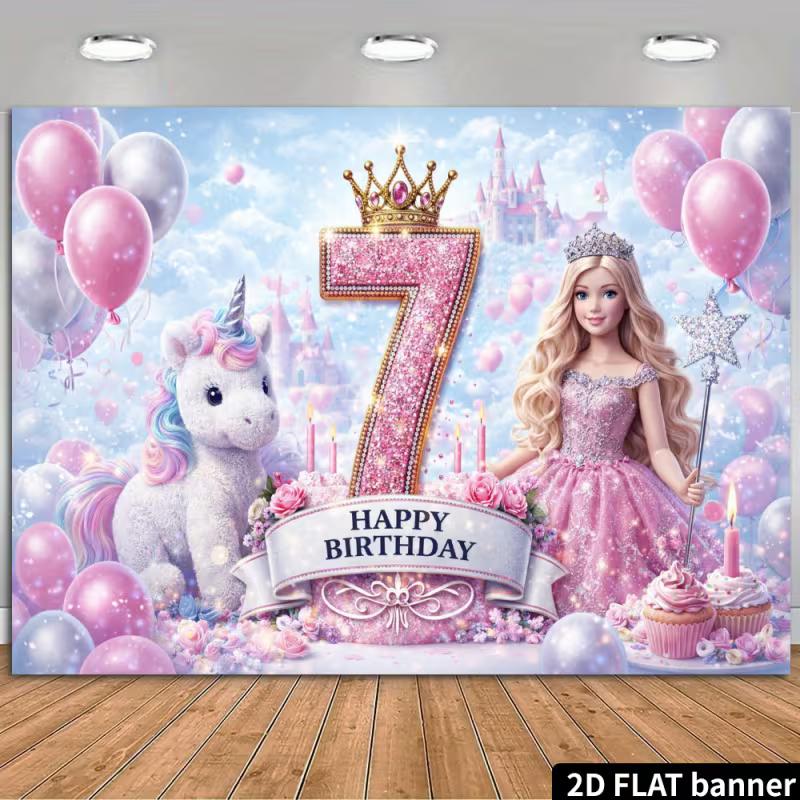 

2D Pink Unicorn 7th Birthday Backdrop - Magical Princess Banner for Girls 7th Birthday Photoshoot 47.2x31.5inch/120*80cm