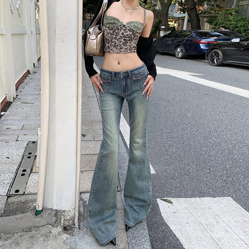 American retro nostalgic blue micro-pull jeans women's autumn new low-rise thin flared floor pants