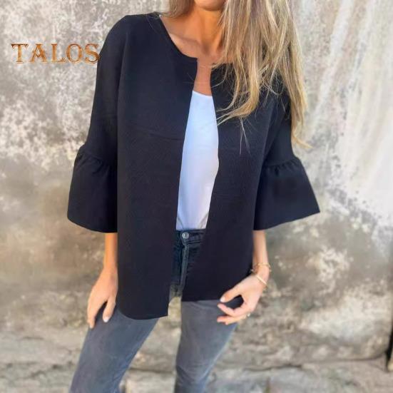 Winterjacke für Damen, Rundhalsausschnitt, dickes Fleece, offene Maschen, Strickjacke, Dreiviertel-Hornärmel, warmer, wärmespeichernder Outdoor-Mantel