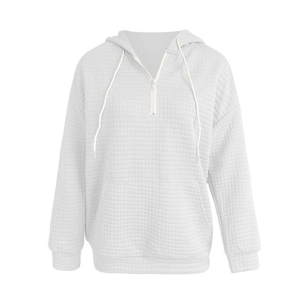 Women Fall Winter Hoodie Drawstring Relaxed Fit Pullover Long Sleeve Waffle Texture Leisure Soft Warm Zipper Decor Hooded Sweatshirts W