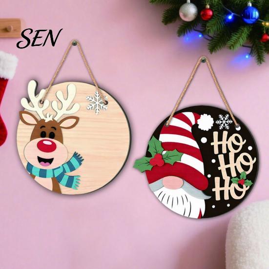 Festive Front Door Signs 2D Christmas Wooden Hanger Ornaments, Santa Snowman Reindeer Welcome Wall Xmas Hanging Decor Sign, Rustic Farmhouse