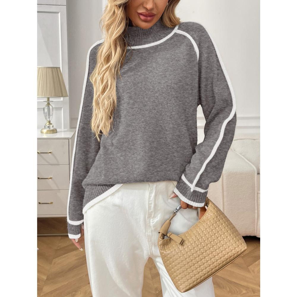 Autumn and Winter Semi High Neck Casual Loose Pullover Lazy Contrasting Women's Sweaters