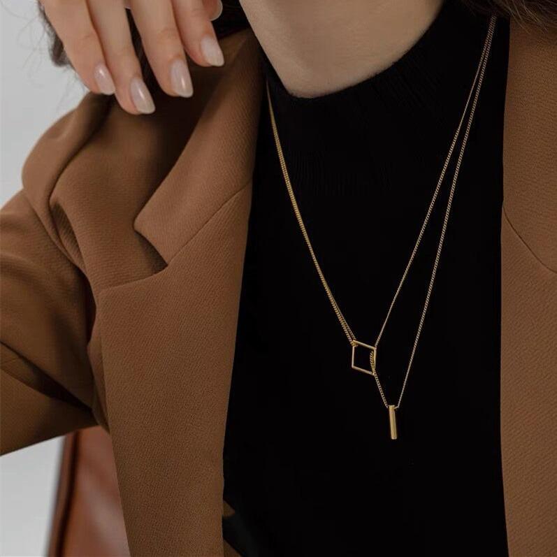 14K Gold Plated Sterling Silver Adjustable Double-Layer Geometric Necklace - European & American Fashion