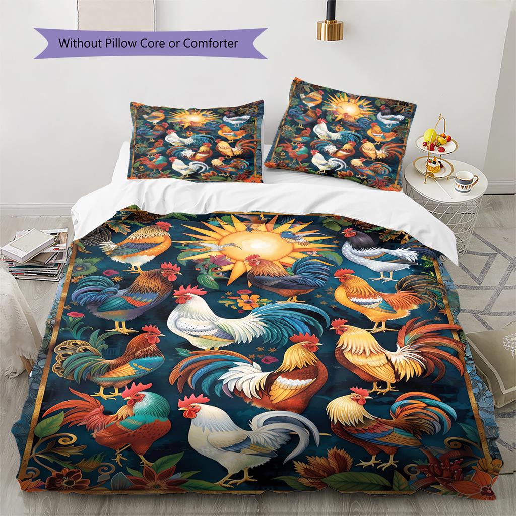 Vintage Chicken Art Pattern Bedding Quilt Set Quilt Cover Pillowcase Home Decoration Gift (1 * duvet cover + 2 * pillowcase, without core)