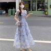 EDREES Summer Mori Girl Elegant Floral Print Puff Sleeve Long Cool Korean Style Flared Women's Dress, Style, Off-the-Shoulder U-Neck Skirt,