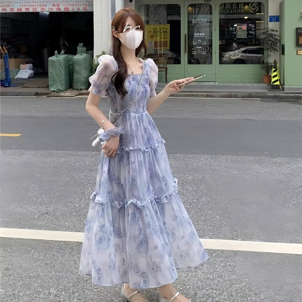 EDREES Summer Mori Girl Elegant Floral Print Puff Sleeve Long Cool Korean Style Flared Women's Dress, Style, Off-the-Shoulder U-Neck Skirt,