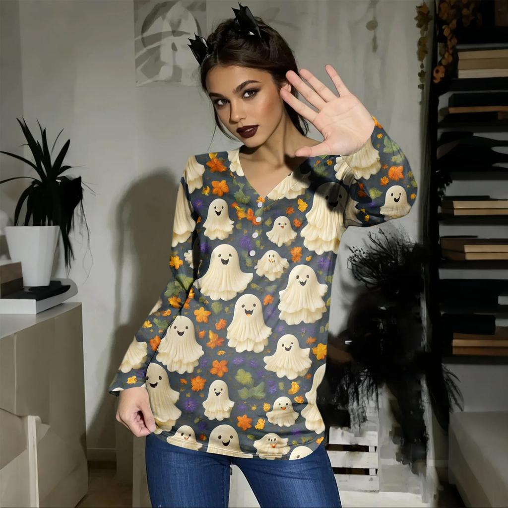 Women's Casual Fashion Sexy Comfort Halloween Printed V-Neck Button Long Sleeve