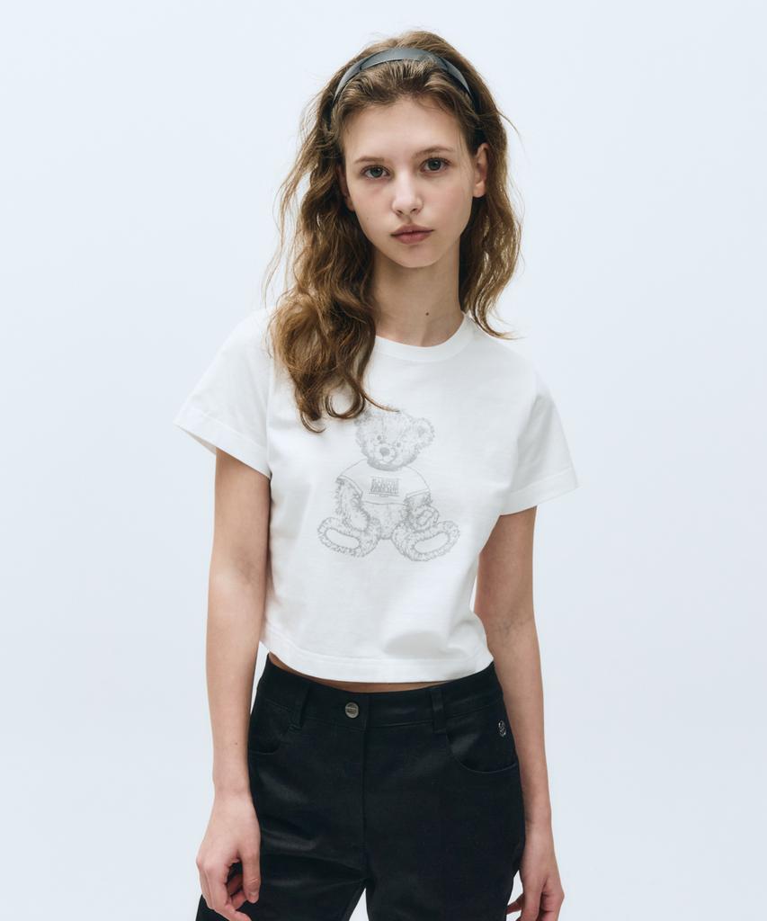 Malittepeulangsowajeobeo W Sketch Doodle Bear Crop Tee White