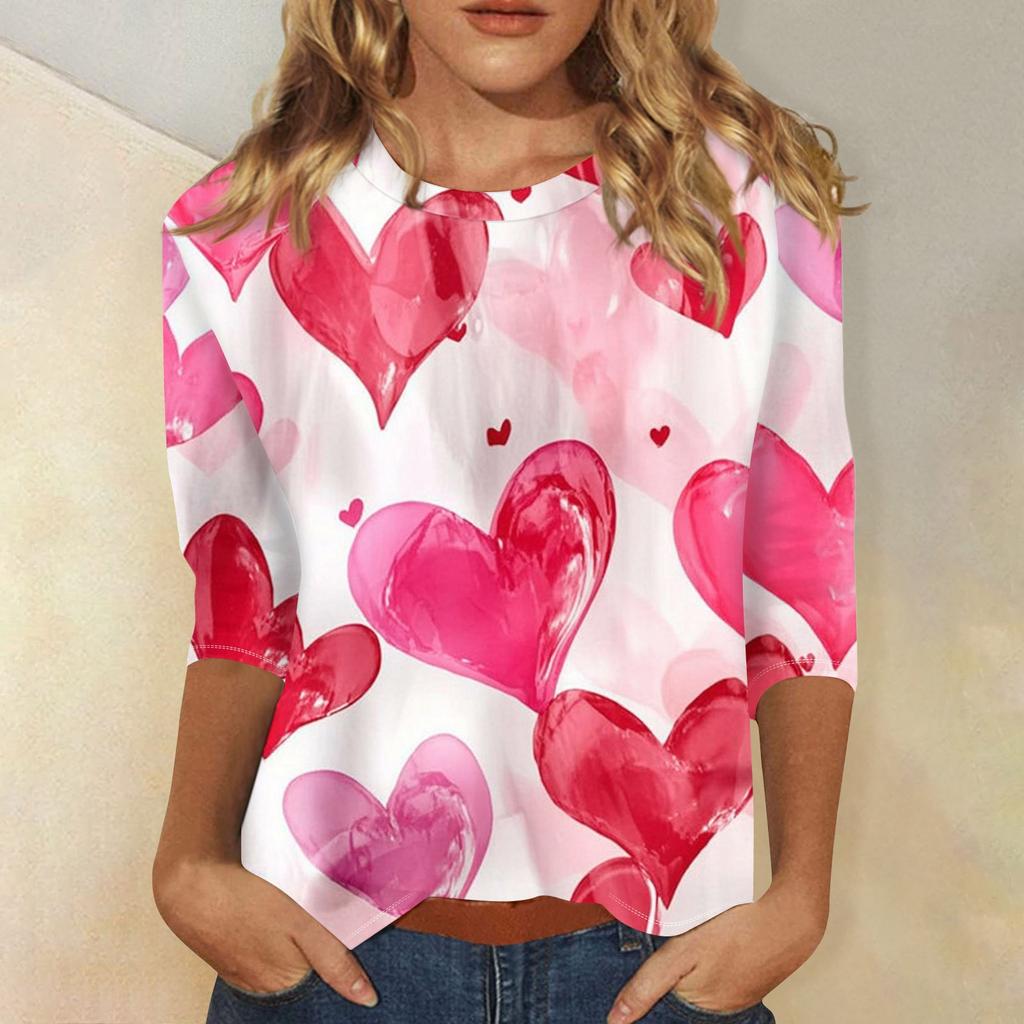 Women's Fashion Casual Round Neck Valentine's Day Love Heart Printed Three-quarter Sleeve T-shirt Top