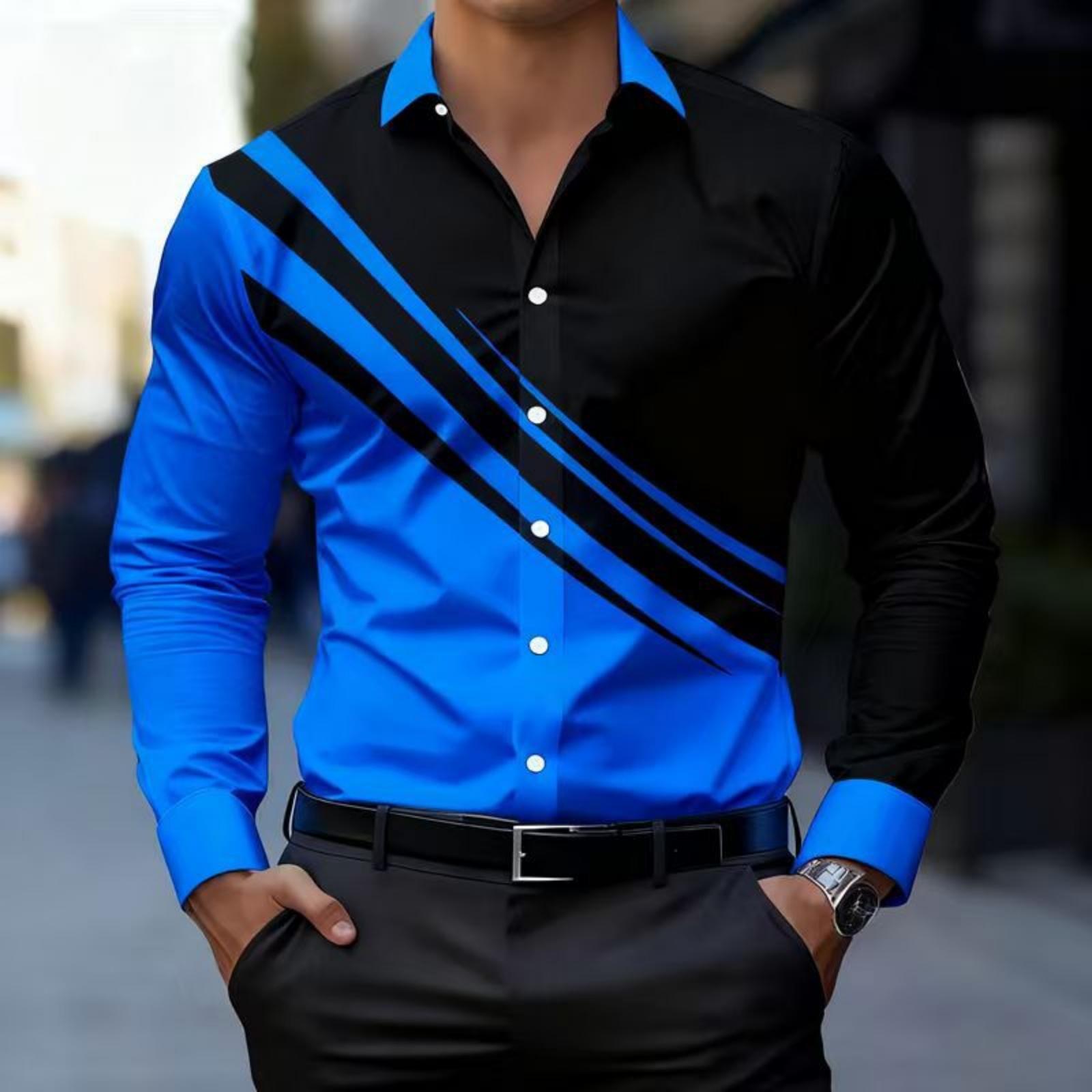 

Мужские рубашки с длинным рукавом, рубашки в стиле business casual, мужские рубашки на пуговицах с отложным воротником и цветными блоками L синий