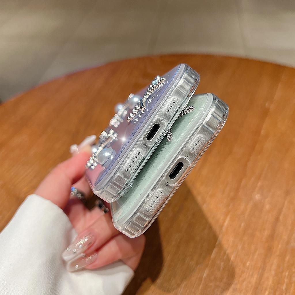 For iPhone 16 Plus Case Pearl Bow Epoxy Design TPU+PC Phone Back Cover