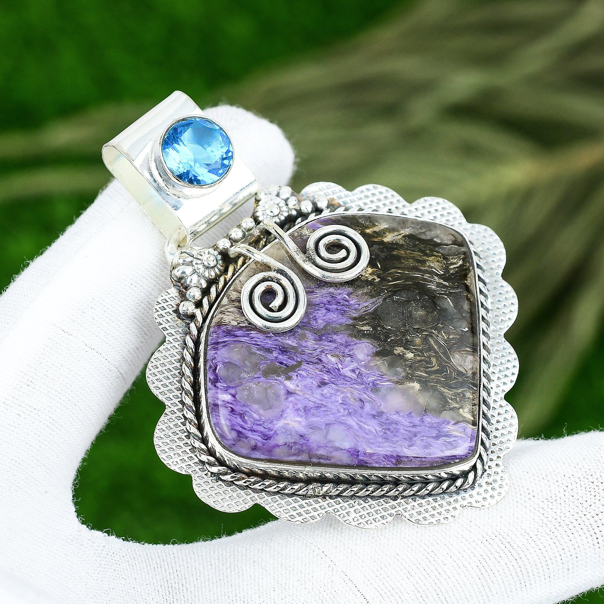 

Natural Russian Charoite Blue Topaz New Ethnic Daughter Pendant Sterling Silver