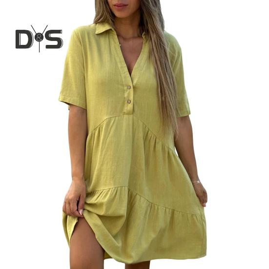 Summer Midi Dress V Neck Patchwork Hem Loose A-line Short Sleeves Pleated Solid Color Knee Length Dress for Beach Dating Parties