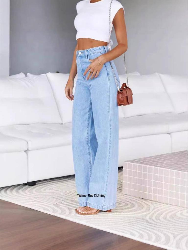Women's 2025 New Arrival Elastic Wide-Leg Straight Denim Fashionable Washed Jeans