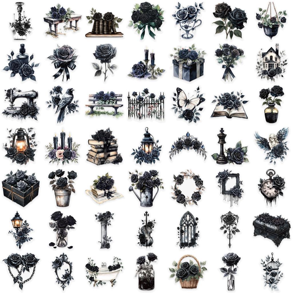 50 ks Tmavě Estetické Černé Růže Samolepky - Goth Styl Vintage Květinové Samolepky Pro Bullet Journal, Láhev na Vodu, Telefon, Kindle, Plánovač, Výrobu Karet