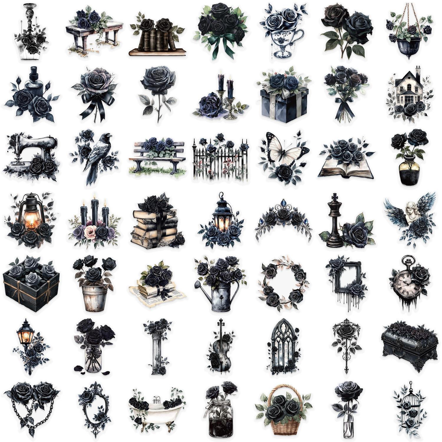 

50 шт. Темные эстетические черные наклейки с розами - Винтажные наклейки с цветами в готическом стиле для блокнота, бутылки для воды, телефона, Kindle, планера, изготовления открыток