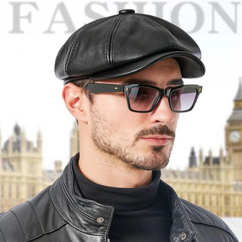 Klassische Retro-Leder-Baskenmütze für Herren, Hochwertige Achteckkappe, Stilvolle Studentenmütze für die Wintermode