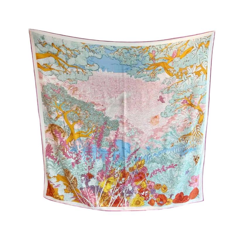 NINA SOLOR Exquisite Printed Silk Wool Blend Square Scarf & Shawl