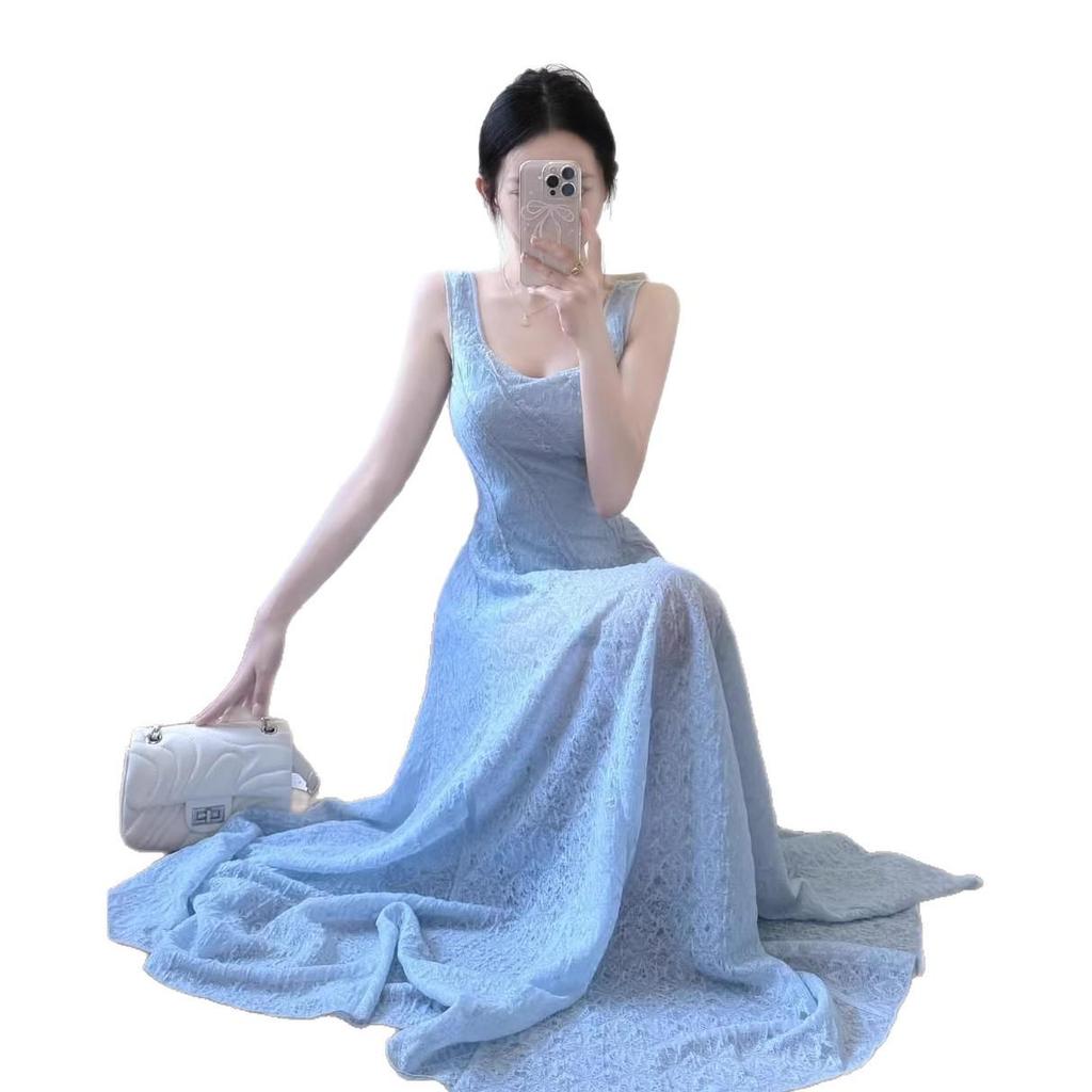 2025 Elegant Summer Blue A-Line Spaghetti Strap Dress for Women - Slimming Waist-Cinched Beach Vacation Style