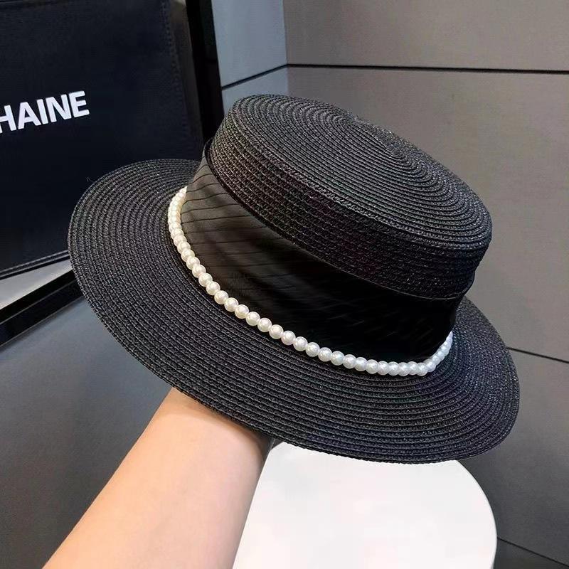 Meimeier Women's new summer retro french pearl straw hat - perfect for beach trips, flat top socialite style