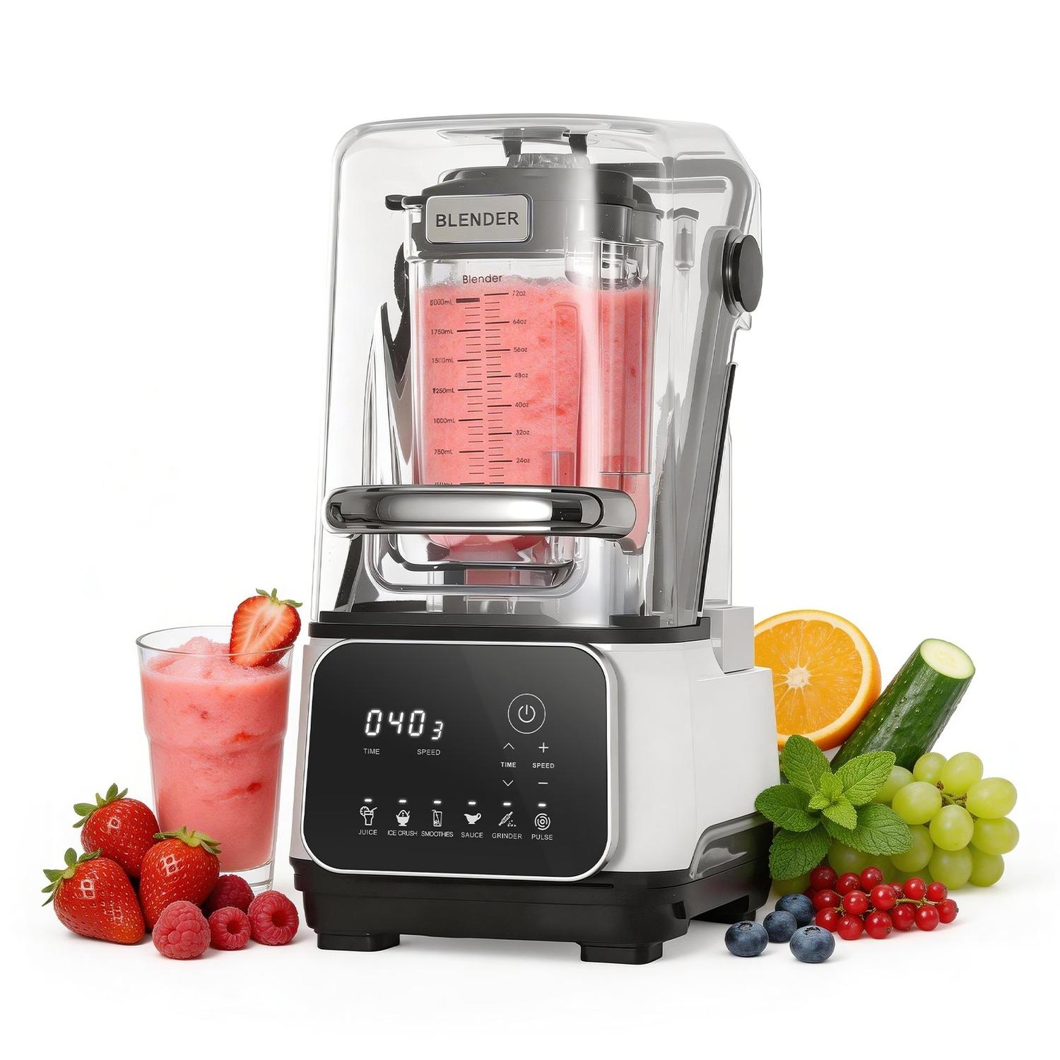 Buying Solutions, MB Blender, 2L Professionele Aanrechtblenders met Beschermkap, 2200W 26000RPM Keuken Voedselverwerker Combo, Zelfreinigend, Snelheid Instelbaar, 6 Voorgeprogrammeerde Menu's