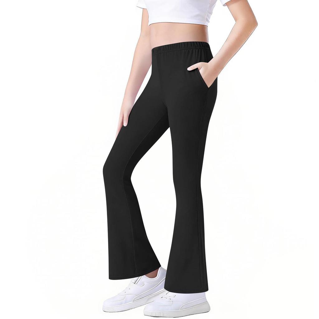 Girls Cotton Flared Pants with Pockets, Stretch Fit Flare Casual Pants for Kids