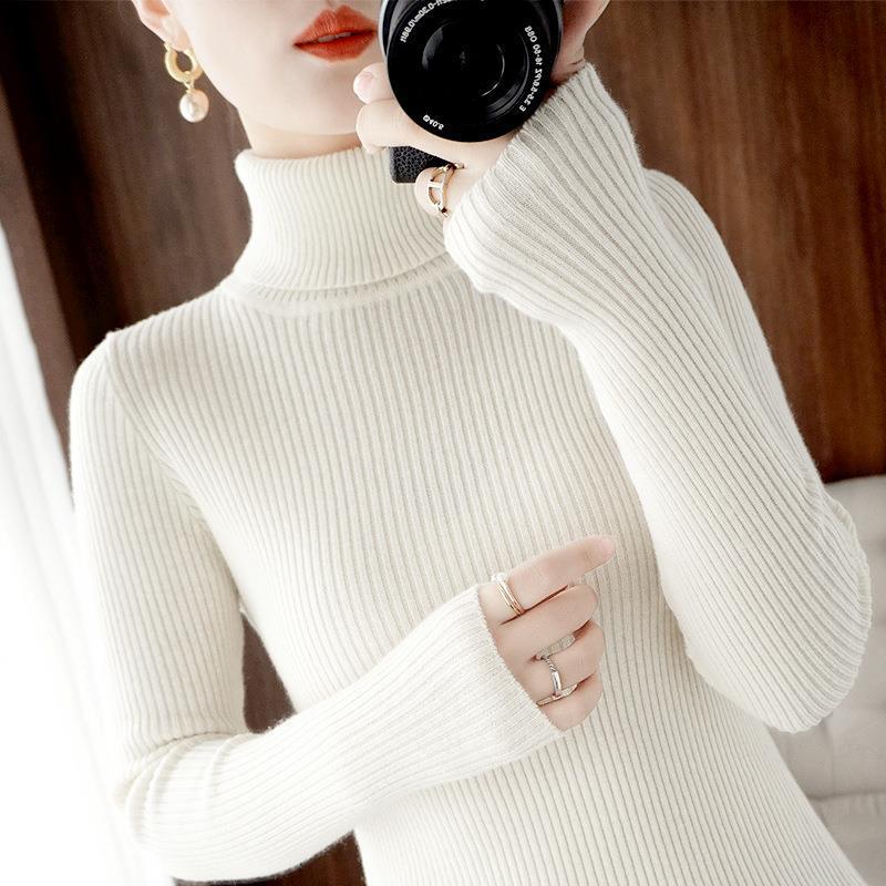 Pulovere cu guler înalt de toamnă și iarnă pentru femei, cămăși slim cu fund subțire, pulovere cu dungi groase pentru femei, femei care fac naveta