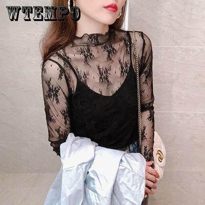 Autumn Western Style Bottoming Shirt Lace Mesh Gauze Lined with Gauze Dress Slim Sexy Curled Half-high Collar See-through Top