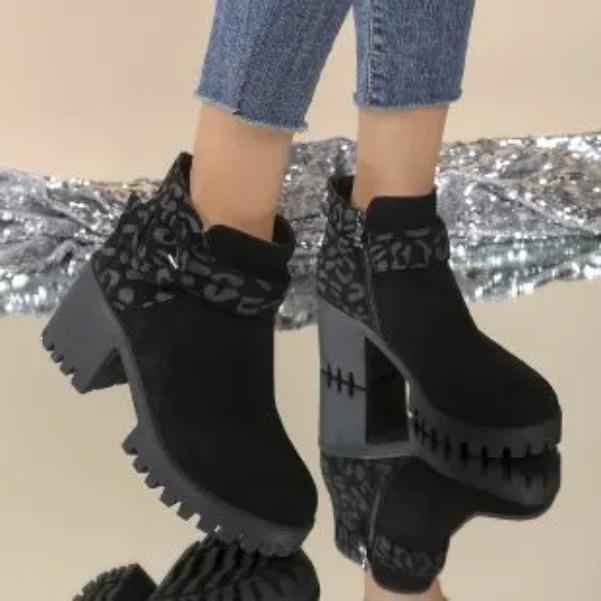 Fashionable Versatile Thick High Heels Leopard Print Short Boots Women Autumn Winter New Casual Comfortable Women's Short Boots