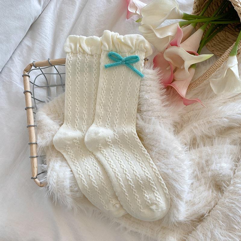 Women's Spring and Summer Thin Bow Breathable Linen Pattern Sweet Bubble Mouth Cotton Socks