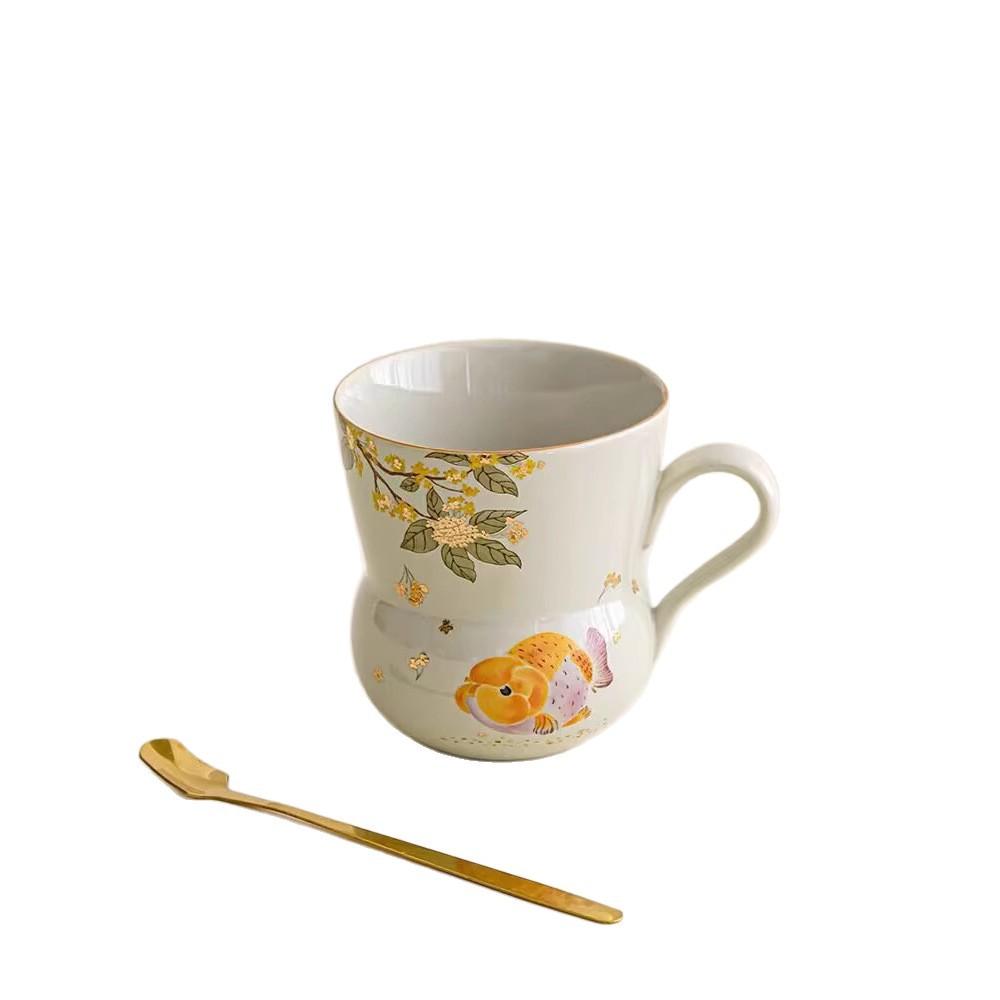 Plant Ash Ceramic Gold Osmanthus Goldfish With Spoon Personal Cup Drinking Water Guochao Chinese Style Office Lady