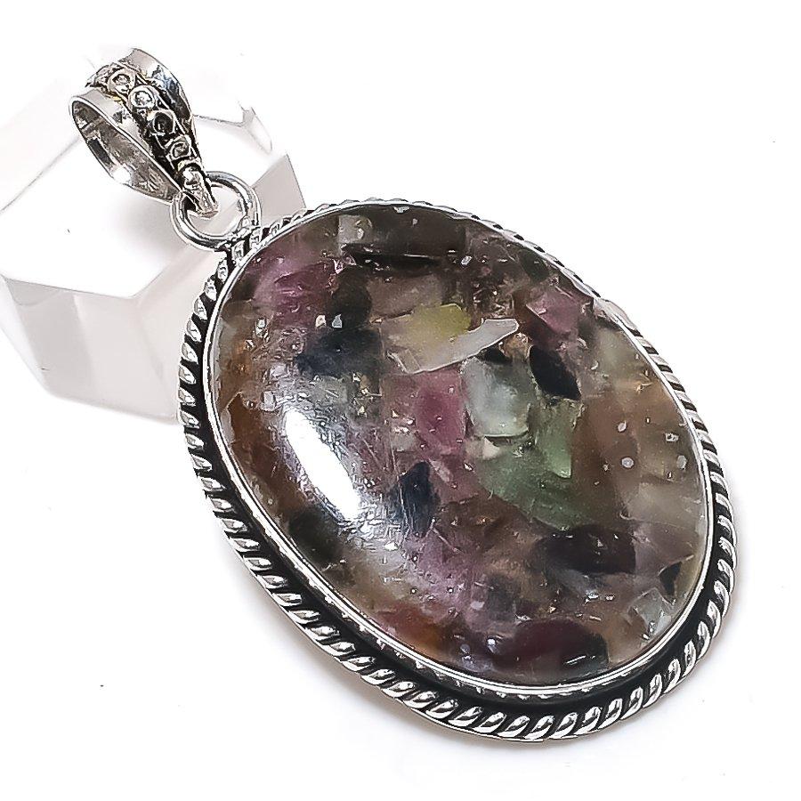 Watermelon Tourmaline Gemstone 925 Sterling Silver Jewelry Pendant 2.09"