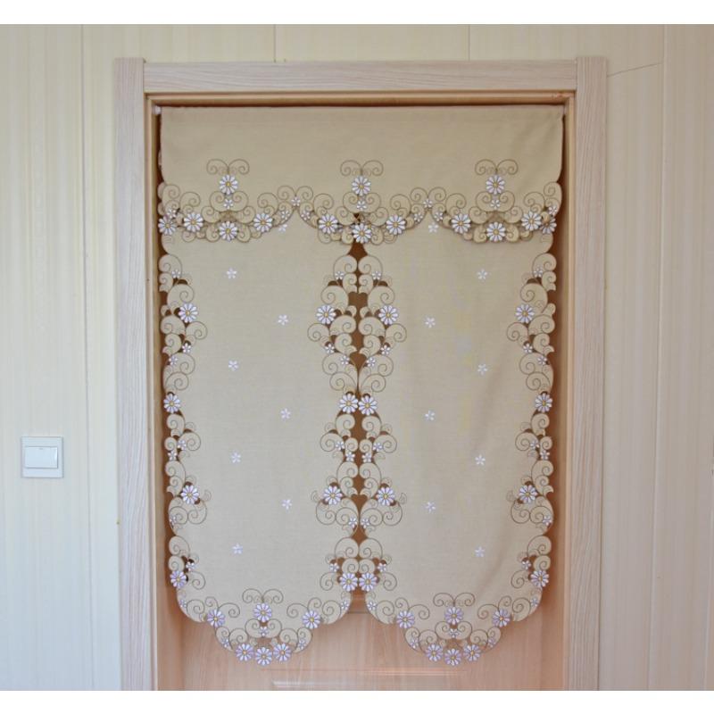 Rideau Court Kaki Clair Tissu Brodé Rideau de Porte Marguerite Rideau Élégant pour Chambre Salon Salle de Bain Cuisine, Sans Tringle, 1 pièce