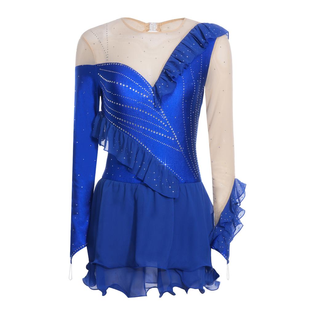 Womens Figure Skating Leotard Dress Ruffled Trim Rhinestones Tiered Chiffon Hem Skirt
