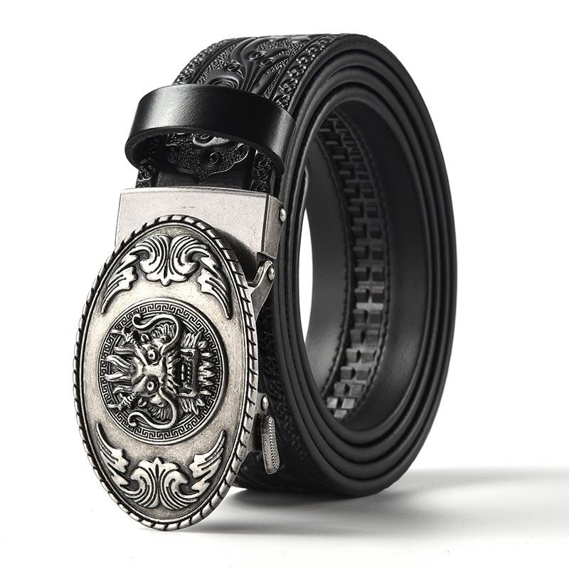 Men's Retro Dragon Head Genuine Leather Belt with Carved Embossed Design