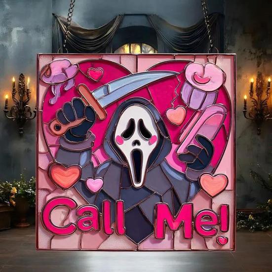 Pink Ghost Suncatcher Halloween Stained Glass Scream Ghost Decoration Acrylic Window Hanging Ornament for Home Office Kitchen Living Room Wall Decor