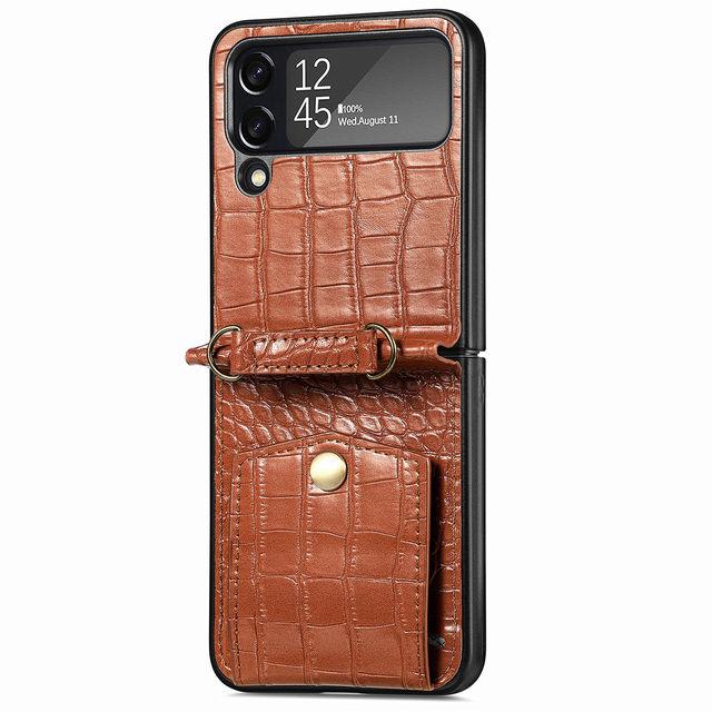 

Для Samsung Galaxy Z Flip 4 чехол-кошелек с крокодиловым узором и слотом для кредитных карт с ремешком, противоударный кожаный задний чехол For Galaxy Z Flip 4 коричневый