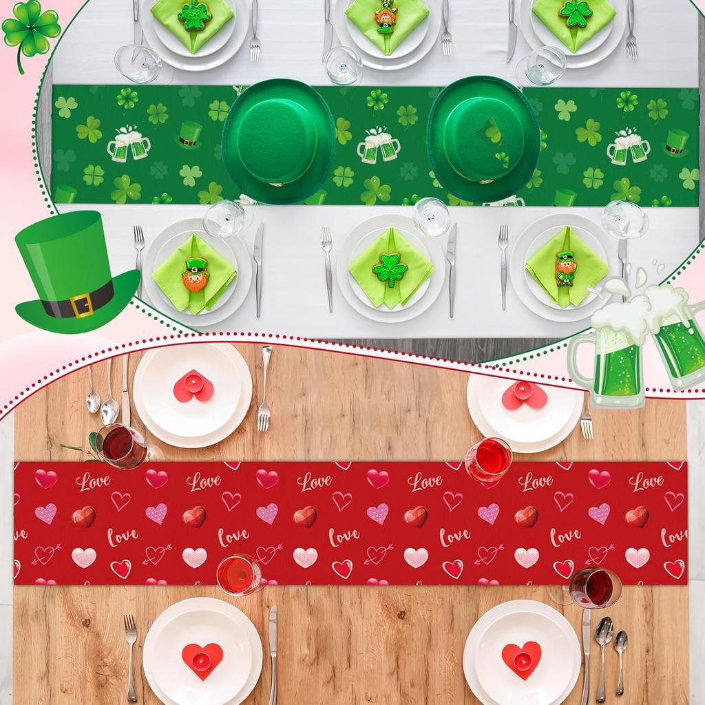 St. Patrick's Day Linen Table Runner Valentine's Day Table Runner St. Patrick Love Heart St. Patrick's Day Shamrock Table Runner for Dinning Kitchen