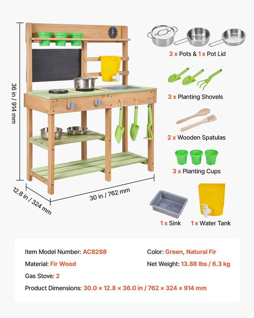 Mud Kitchen, Outdoor Mud Kitchen for Kids, Wood Outdoor Play Kitchens with Stoves, Tank, Sink, Planting Shovels, Spatulas, Box, Cookware Pots and