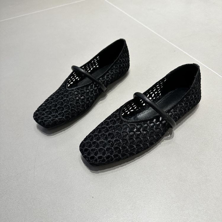 2025 Spring and Summer New European Retro Square Head Hollow Woven Shallow Mouth Casual Single Shoes Flat Bottom Breathable Ladyshoes Women